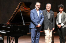 From left to right: Oliver Godin, artistic director of Bourgie Hall; Pierre Bourgie, chairman of the board of the Arte Musica Foundation; Caroline Louis, executive director of Bourgie Hall (Photo provided by the MMFA)