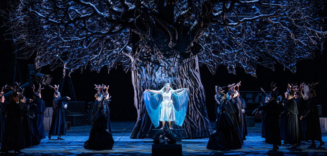 One of the final scenes in Falstaff where the cast meet in the forest. A woman stands center stage in a white dress.